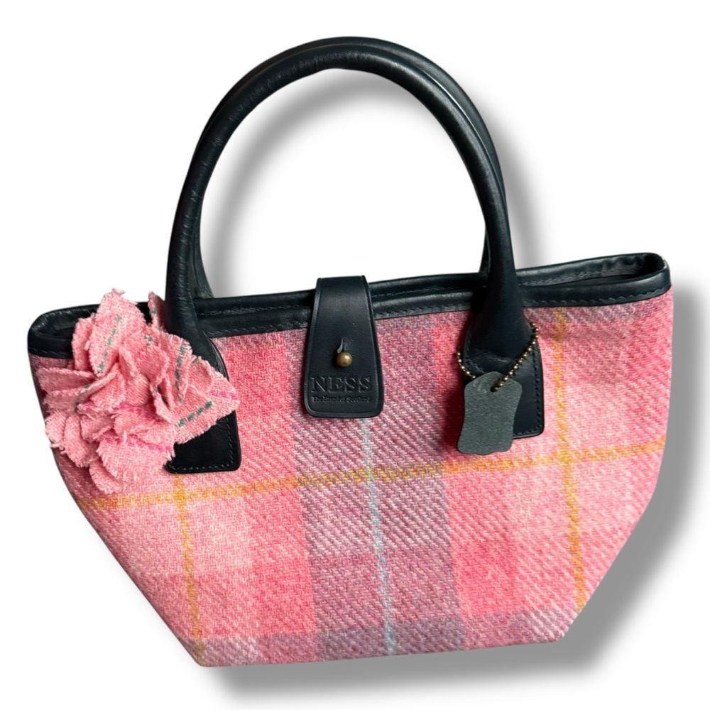 Retro Y2K NESS Scotland Tweed Wool pink Tartan Plaid Bag purse black leather